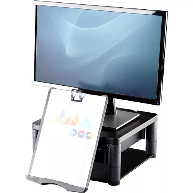 Suporte para monitor de computador Fellowes com 3 regulações de altura – Premium Monitor Riser Plus com gestão de cabos – suporte para monitor ergonómico ajustável para computador – peso máx. 36 kg / tamanho máx. 21 polegadas – grafite