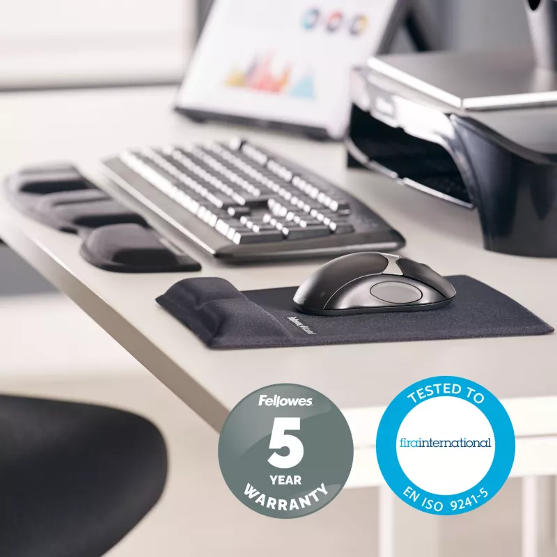 Apoio de pulso para tapete de rato Fellowes - tapete de rato Health-V com proteção antibacteriana - tapete de rato ergonómico para computador, portátil, home office - preto