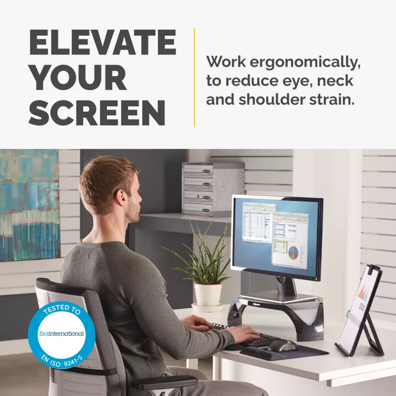 Suporte para monitor de computador Fellowes com 3 alturas ajustáveis - elevação de monitor Smart Suites - suporte para monitor ergonómico ajustável para computador - peso máx. 10 kg/tamanho máx. 21 polegadas - preto