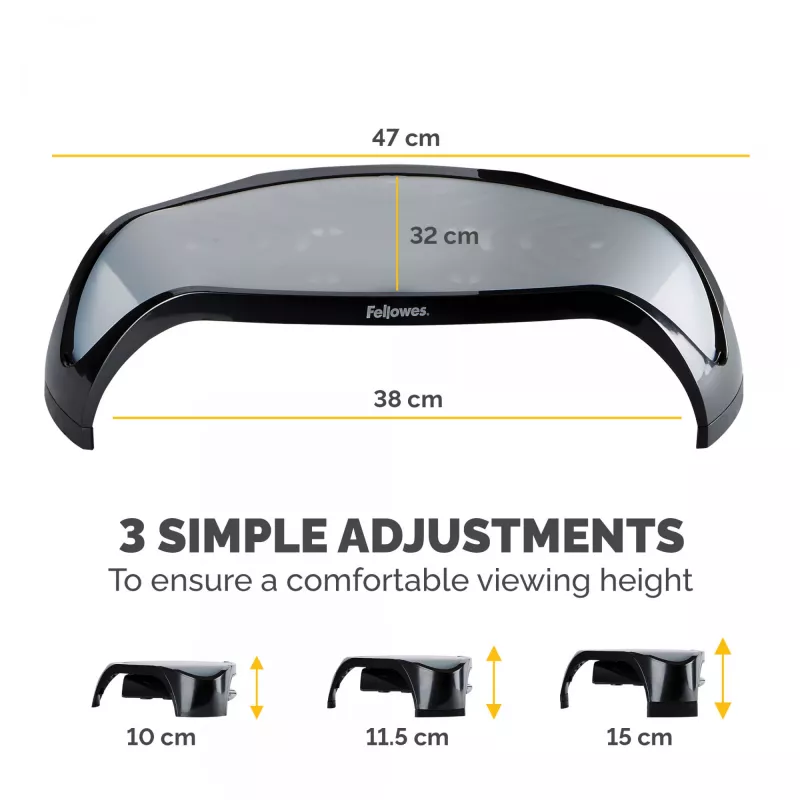 Suporte para monitor de computador Fellowes com 3 alturas ajustáveis - elevação de monitor Smart Suites - suporte para monitor ergonómico ajustável para computador - peso máx. 10 kg/tamanho máx. 21 polegadas - preto