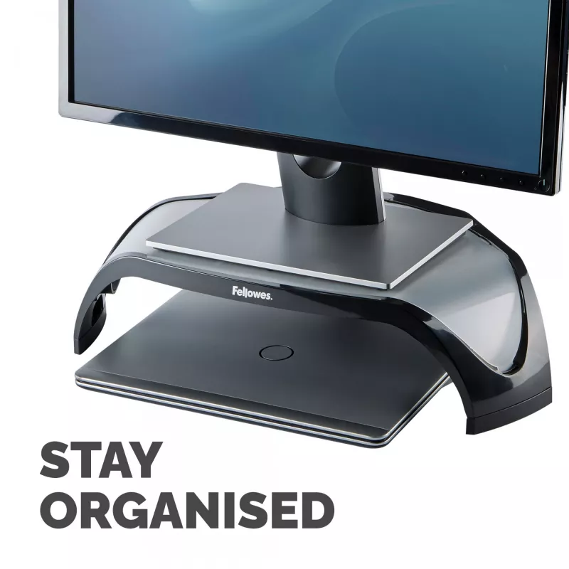 Suporte para monitor de computador Fellowes com 3 alturas ajustáveis - elevação de monitor Smart Suites - suporte para monitor ergonómico ajustável para computador - peso máx. 10 kg/tamanho máx. 21 polegadas - preto