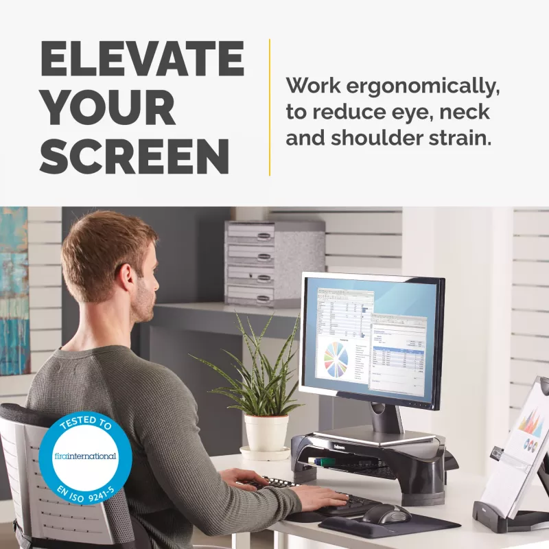 Suporte para monitor de computador Fellowes com 3 alturas ajustáveis – Smart Suites Monitor Riser Plus com arrumação – suporte para monitor ergonómico ajustável para computador – peso máx. 10 kg/tamanho máx. 21 polegadas – preto