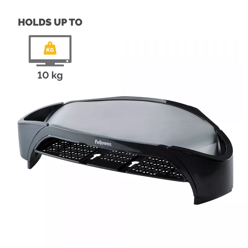 Suporte para monitor de computador Fellowes com 3 alturas ajustáveis – Smart Suites Monitor Riser Plus com arrumação – suporte para monitor ergonómico ajustável para computador – peso máx. 10 kg/tamanho máx. 21 polegadas – preto