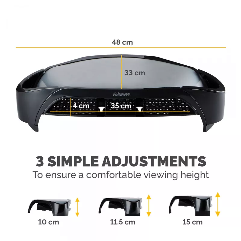 Suporte para monitor de computador Fellowes com 3 alturas ajustáveis – Smart Suites Monitor Riser Plus com arrumação – suporte para monitor ergonómico ajustável para computador – peso máx. 10 kg/tamanho máx. 21 polegadas – preto