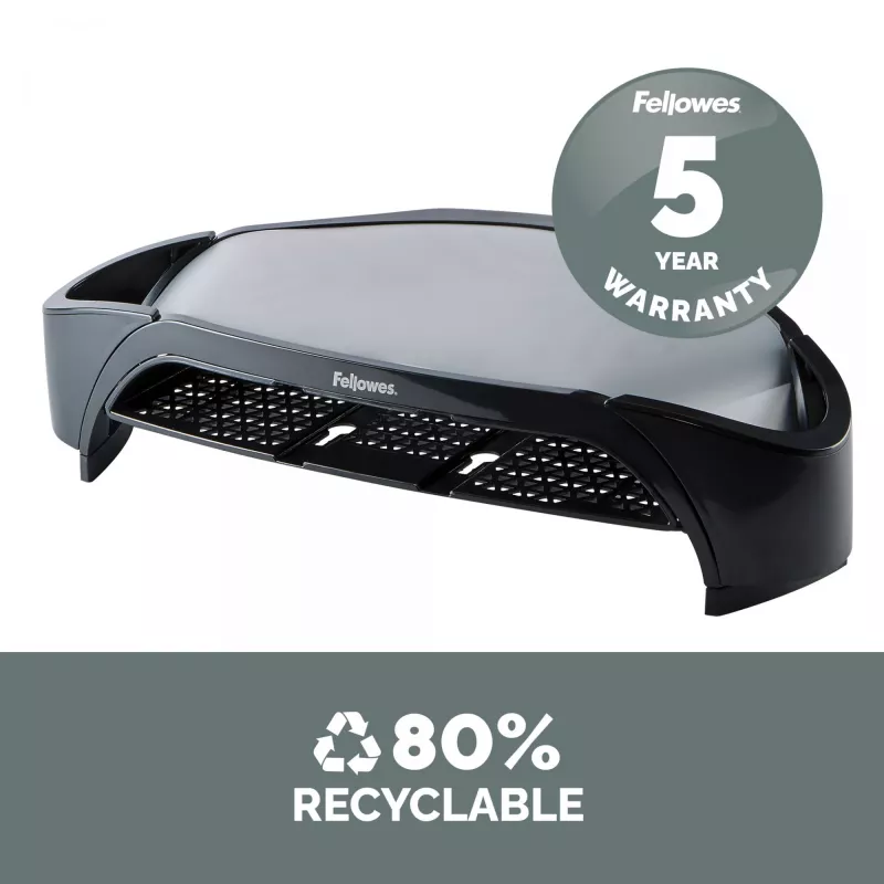Suporte para monitor de computador Fellowes com 3 alturas ajustáveis – Smart Suites Monitor Riser Plus com arrumação – suporte para monitor ergonómico ajustável para computador – peso máx. 10 kg/tamanho máx. 21 polegadas – preto