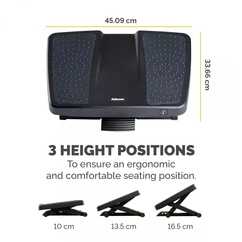 Repousa-pés Fellowes para debaixo da secretária – repousa-pés ergonómico Professional Series com 3 alturas ajustáveis e superfície de massagem – banco repousa-pés para escritório e casa – preto