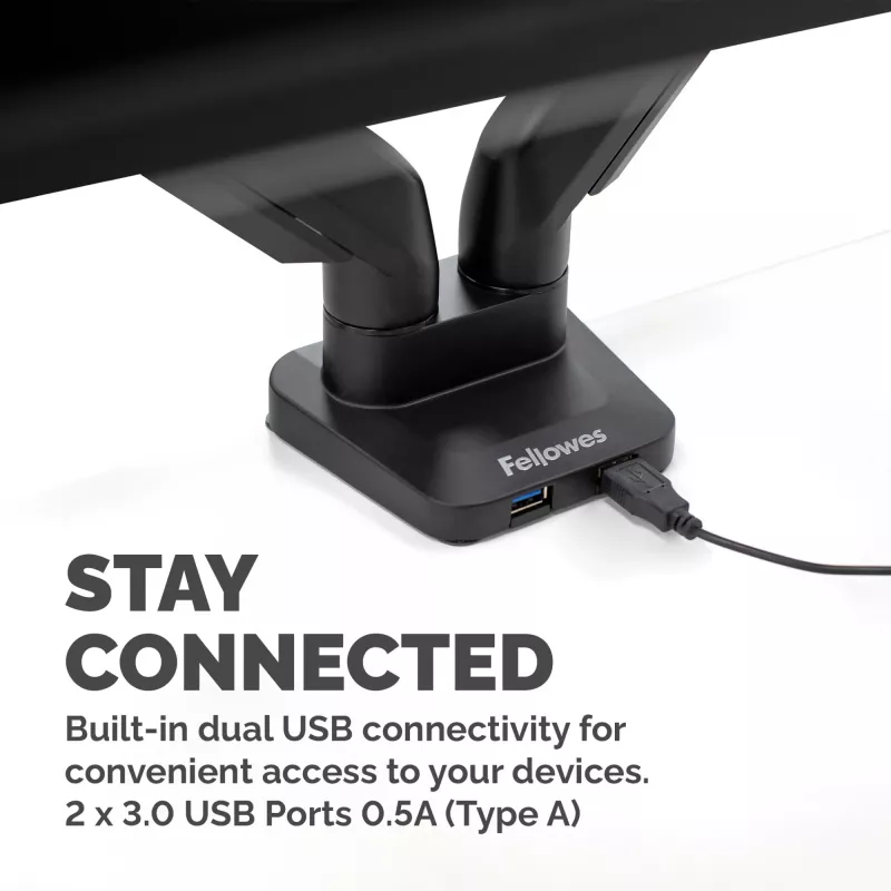 Braço para dois monitores Fellowes Platinum Series – suporte para monitor para dois ecrãs de 40 polegadas de 8 kg – suporte de mesa ajustável para dois monitores – inclinação 45°, rotação 180°, rotação 360°, VESA 75 x 75/100 x 100 – preto