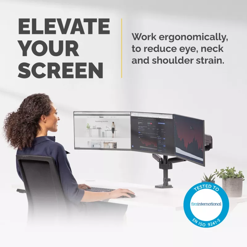 Braço para três monitores Fellowes Platinum Series – suporte para monitor para três ecrãs de 27 polegadas de 7 kg – suporte de mesa ajustável para três monitores – inclinação 45°, rotação 180°, rotação 360°, VESA 75 x 75/100 x 100 – preto