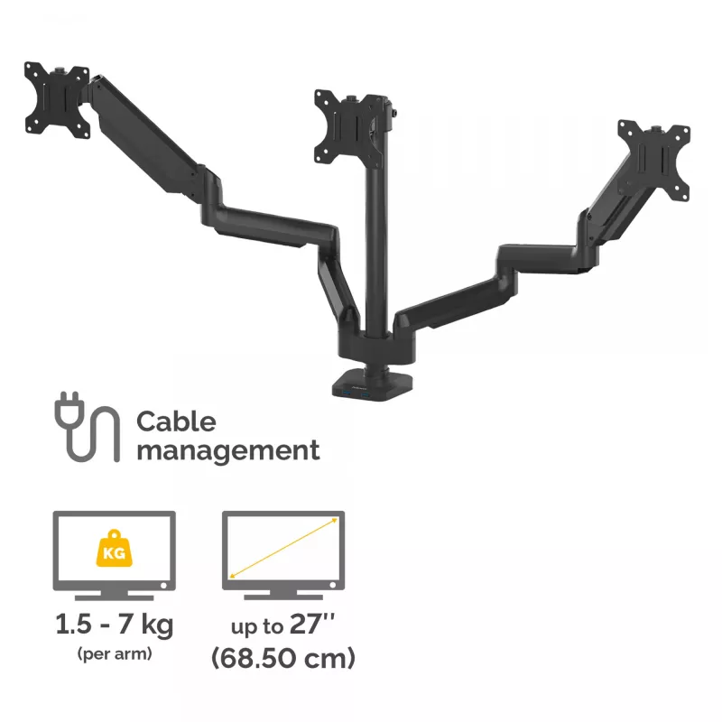 Braço para três monitores Fellowes Platinum Series – suporte para monitor para três ecrãs de 27 polegadas de 7 kg – suporte de mesa ajustável para três monitores – inclinação 45°, rotação 180°, rotação 360°, VESA 75 x 75/100 x 100 – preto