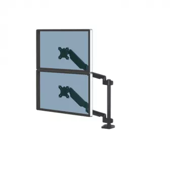 Braço para dois monitores empilhados Fellowes Platinum Series – suporte para monitor para dois ecrãs de 27 polegadas de 8 kg – suporte de mesa ajustável para dois monitores – inclinação 45° rotação 180° rotação 360° rotação 360°, VESA 75 x 75/100 x 100 – preto