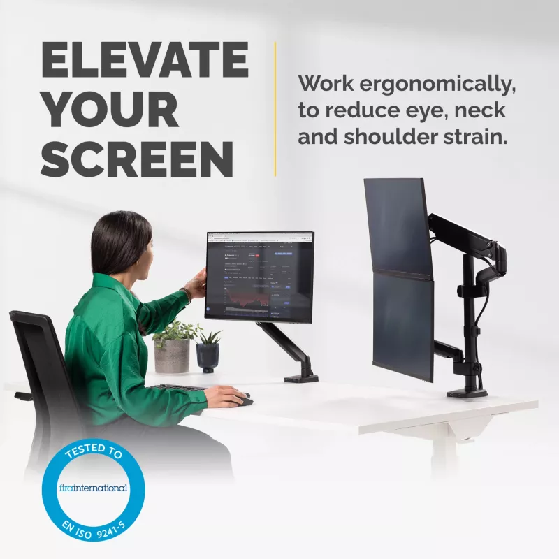 Braço para dois monitores empilhados Fellowes Platinum Series – suporte para monitor para dois ecrãs de 27 polegadas de 8 kg – suporte de mesa ajustável para dois monitores – inclinação 45° rotação 180° rotação 360° rotação 360°, VESA 75 x 75/100 x 100 – preto