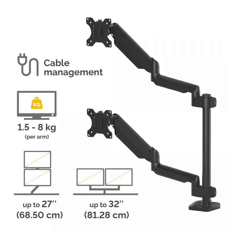 Braço para dois monitores empilhados Fellowes Platinum Series – suporte para monitor para dois ecrãs de 27 polegadas de 8 kg – suporte de mesa ajustável para dois monitores – inclinação 45° rotação 180° rotação 360° rotação 360°, VESA 75 x 75/100 x 100 – preto