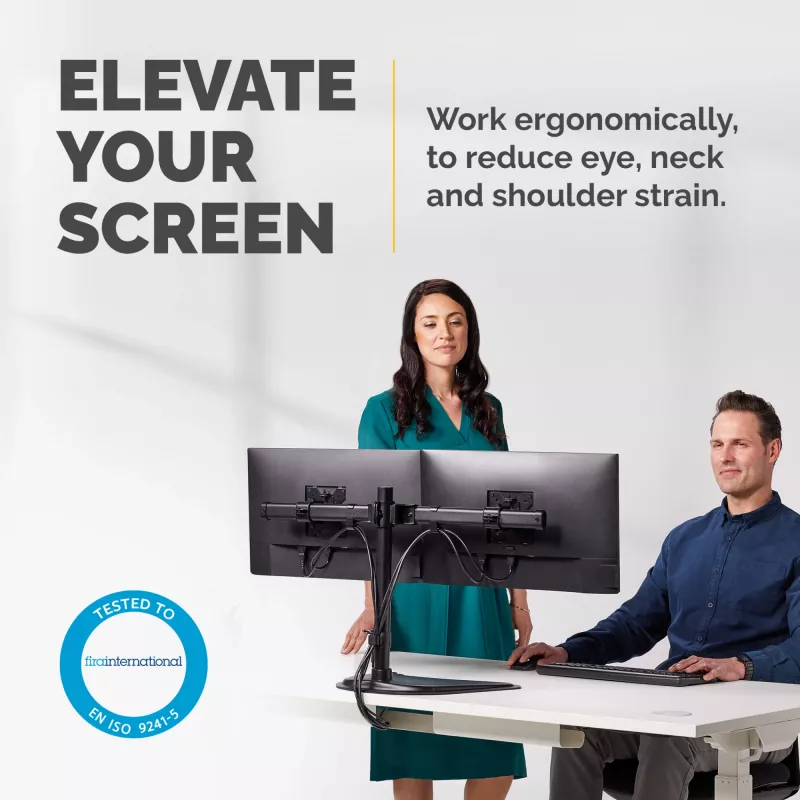 Braço para dois monitores Fellowes Seasa - suporte para monitor autónomo para ecrãs de 27 polegadas de 8 kg – braço para monitor ergonómico ajustável – inclinação ±45°, amplitude de rotação 120°, rotação 360° – VESA 75 x 75/100 x 100 – preto
