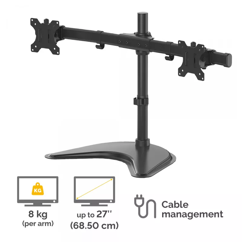 Braço para dois monitores Fellowes Seasa - suporte para monitor autónomo para ecrãs de 27 polegadas de 8 kg – braço para monitor ergonómico ajustável – inclinação ±45°, amplitude de rotação 120°, rotação 360° – VESA 75 x 75/100 x 100 – preto