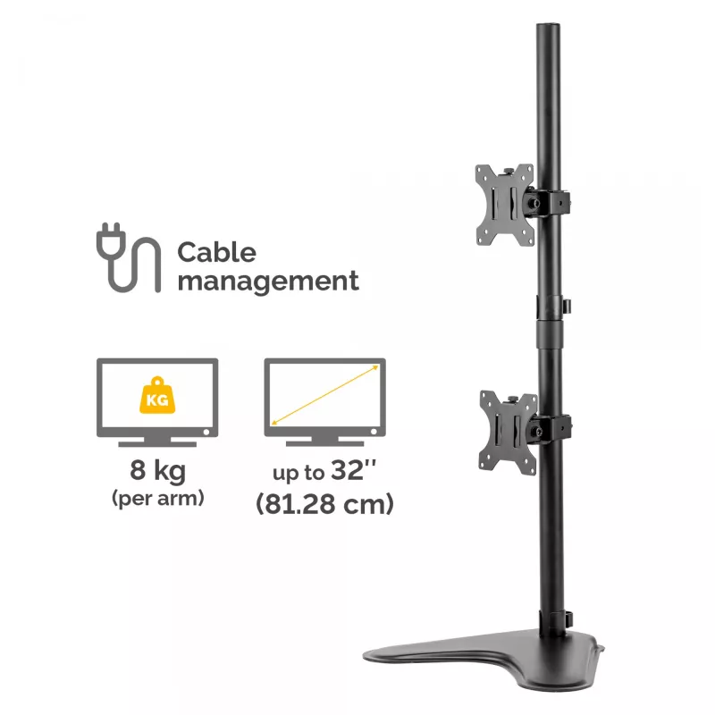 Braço de monitor Fellowes Seasa Dual Stacking - Suporte de monitor autónomo para ecrãs de 8 kg e 32 polegadas - Braço de monitor ajustável ergonomicamente - Inclinação 45° Rotação 120° Giro 360°, VESA 75 x 75/100 x 100 - Preto