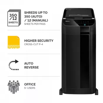 Destruidora de documentos Fellowes 350 folhas alimentação automática corte em partículas AutoMax 350C com recipiente de 68 litros alta segurança P4