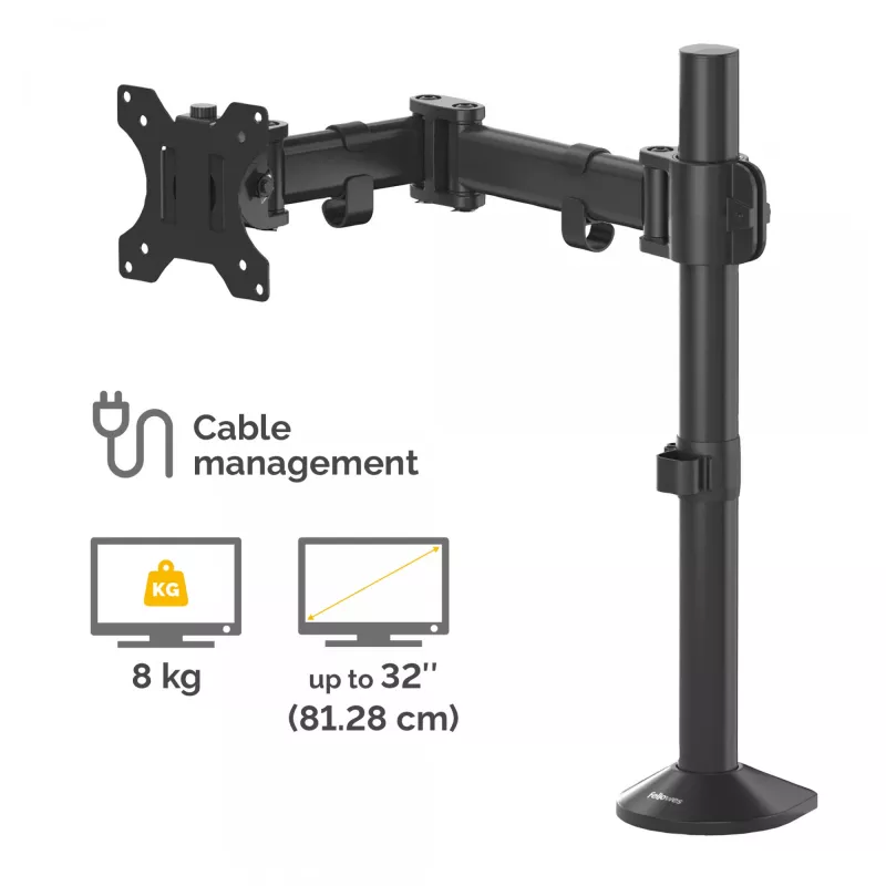 Suporte de monitor Fellowes Reflex - Suporte de monitor para ecrãs de 8 kg e 32 polegadas - Suporte de secretária para monitor ajustável - Inclinação 45° Rotação 180° Giro 360°, VESA 75 x 75/100 x 100 - Preto