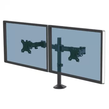 Braço duplo de monitor Fellowes Reflex – Suporte duplo de monitor para ecrãs de 8 kg e 27 polegadas – Suporte de secretária para monitor ajustável – Inclinação 45° Rotação 180° Giro 360°, VESA 75 x 75/100 x 100 – Preto
