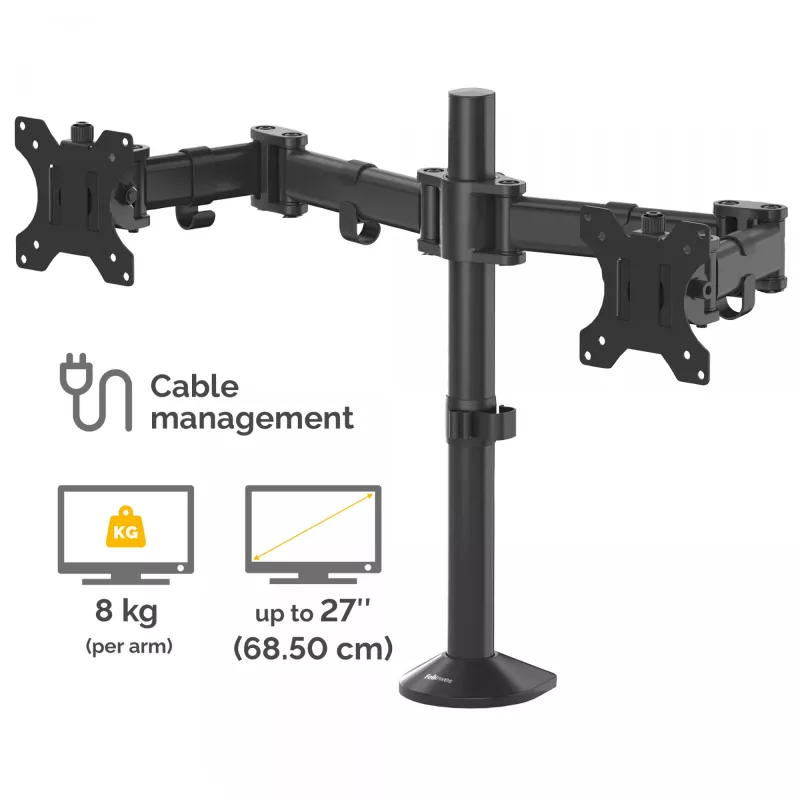 Braço duplo de monitor Fellowes Reflex – Suporte duplo de monitor para ecrãs de 8 kg e 27 polegadas – Suporte de secretária para monitor ajustável – Inclinação 45° Rotação 180° Giro 360°, VESA 75 x 75/100 x 100 – Preto