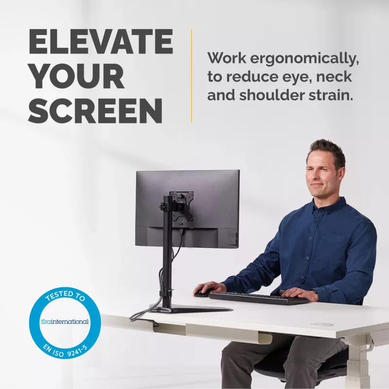Braço de monitor individual Fellowes Seasa - Suporte de monitor autónomo para ecrãs de 8 kg e 32 polegadas - Braço de monitor ajustável ergonomicamente - Inclinação 45° Rotação 120° Giro 360°, VESA 75 x 75/100 x 100 - Preto