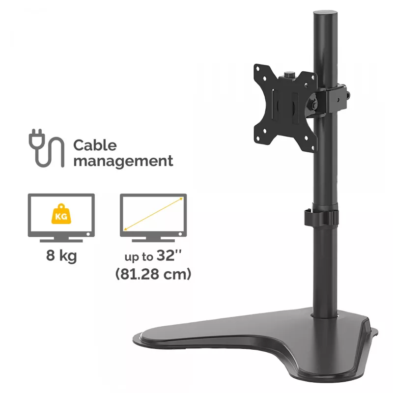 Braço de monitor individual Fellowes Seasa - Suporte de monitor autónomo para ecrãs de 8 kg e 32 polegadas - Braço de monitor ajustável ergonomicamente - Inclinação 45° Rotação 120° Giro 360°, VESA 75 x 75/100 x 100 - Preto