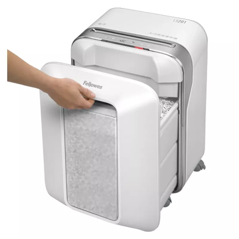 Destruidora de documentos Fellowes Powershred LX201 micro-corte branco, micro-corte, 23 cm, 2 x 12 mm, 22 L, Touch, 4 rodas