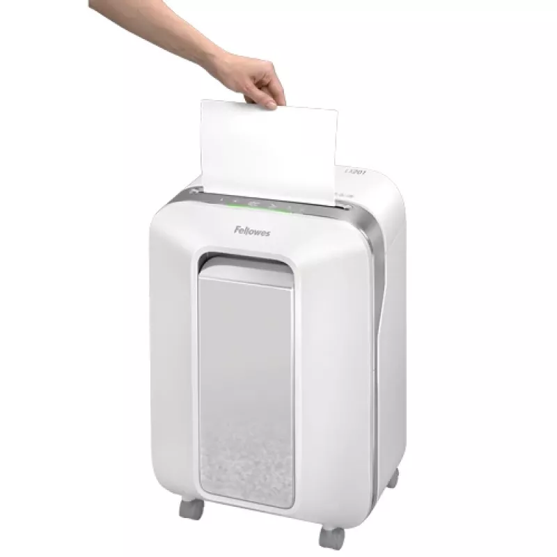 Destruidora de documentos Fellowes Powershred LX201 micro-corte branco, micro-corte, 23 cm, 2 x 12 mm, 22 L, Touch, 4 rodas