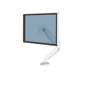 Braço de monitor Fellowes Platinum Series – Suporte de monitor para ecrãs de 8 kg e 40 polegadas – Suporte de secretária para monitor ajustável – Inclinação 45°, Rotação 180°, Giro 360°, VESA 75 x 75/100 x 100 – Branco