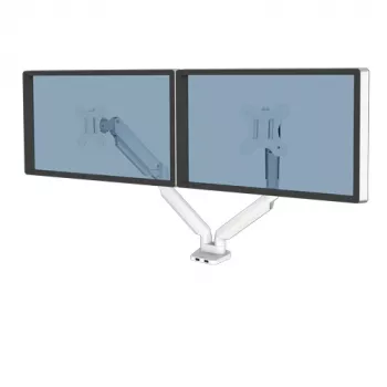 Braço duplo de monitor Fellowes Platinum Series – Suporte de monitor para dois ecrãs de 8 kg e 40 polegadas – Suporte de secretária duplo para monitor ajustável – Inclinação 45°, Rotação 180°, Giro 360°, Rotação 360°, VESA 75 x 75/100 x 100 – Branco