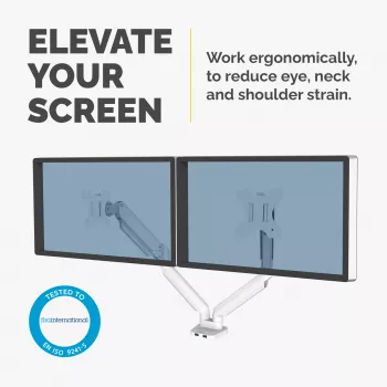 Braço duplo de monitor Fellowes Platinum Series – Suporte de monitor para dois ecrãs de 8 kg e 40 polegadas – Suporte de secretária duplo para monitor ajustável – Inclinação 45°, Rotação 180°, Giro 360°, Rotação 360°, VESA 75 x 75/100 x 100 – Branco