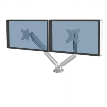 Braço duplo de monitor Fellowes Platinum Series - Suporte de monitor para dois ecrãs de 8 kg e 40 polegadas - Suporte de secretária duplo para monitor ajustável - Inclinação 45° Rotação 180ᵒ Giro 360ᵒ Rotação 360ᵒ, VESA 75 x 75/100 x 100 - Prateado