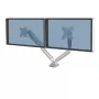Braço duplo de monitor Fellowes Platinum Series - Suporte de monitor para dois ecrãs de 8 kg e 40 polegadas - Suporte de secretária duplo para monitor ajustável - Inclinação 45° Rotação 180ᵒ Giro 360ᵒ Rotação 360ᵒ, VESA 75 x 75/100 x 100 - Prateado