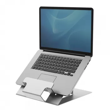Suporte para portátil Fellowes para a secretária – Suporte para portátil ajustável Hylyft para casa e escritório – Elevação de portátil com 6 níveis de altura – tamanho máx. de ecrã 17 polegadas, peso máx. 5 kg – Prateado/Preto