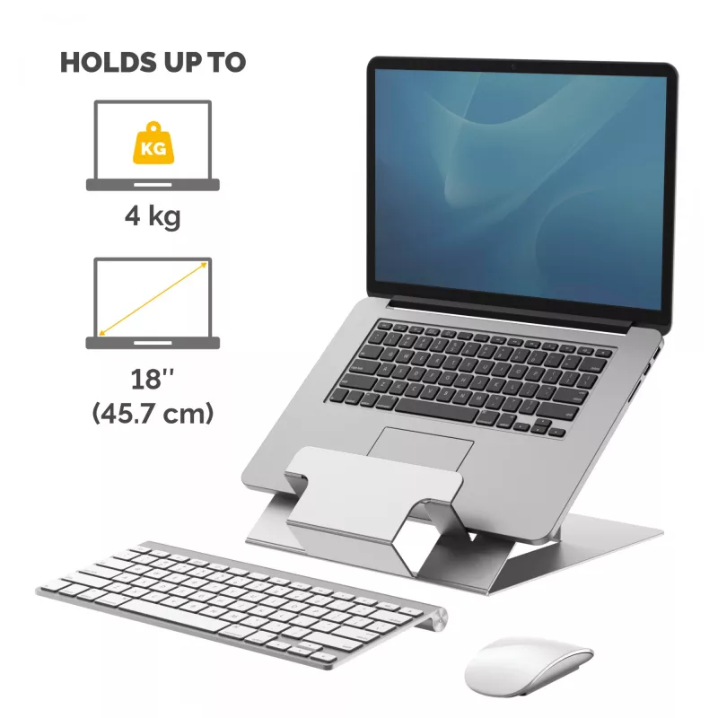 Suporte para portátil Fellowes para a secretária – Suporte para portátil ajustável Hylyft para casa e escritório – Elevação de portátil com 6 níveis de altura – tamanho máx. de ecrã 17 polegadas, peso máx. 5 kg – Prateado/Preto