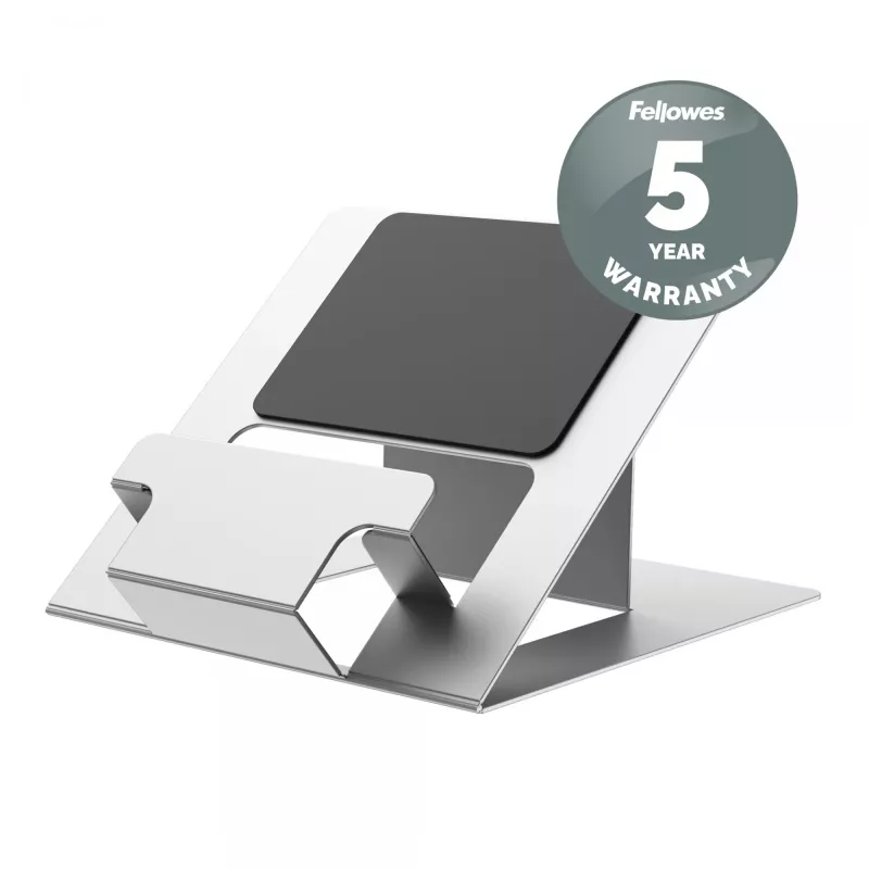 Suporte para portátil Fellowes para a secretária – Suporte para portátil ajustável Hylyft para casa e escritório – Elevação de portátil com 6 níveis de altura – tamanho máx. de ecrã 17 polegadas, peso máx. 5 kg – Prateado/Preto