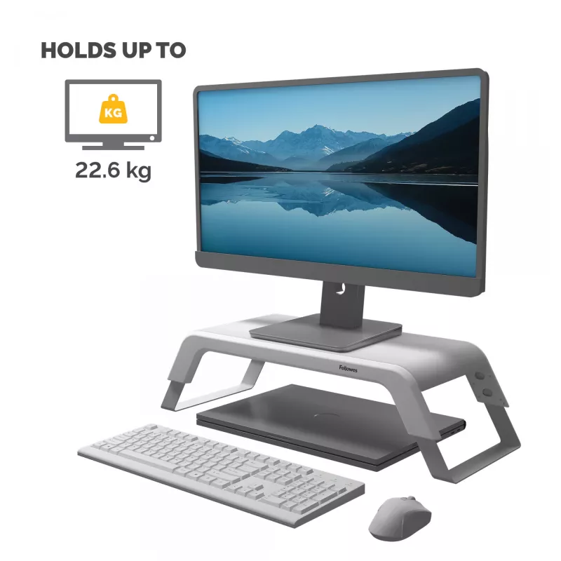 Suporte para monitor de computador Fellowes com 3 alturas ajustáveis - Elevador de monitor Hana LT - Suporte de monitor ajustável ergonómico para computador - Peso máximo 22,6 kg - branco