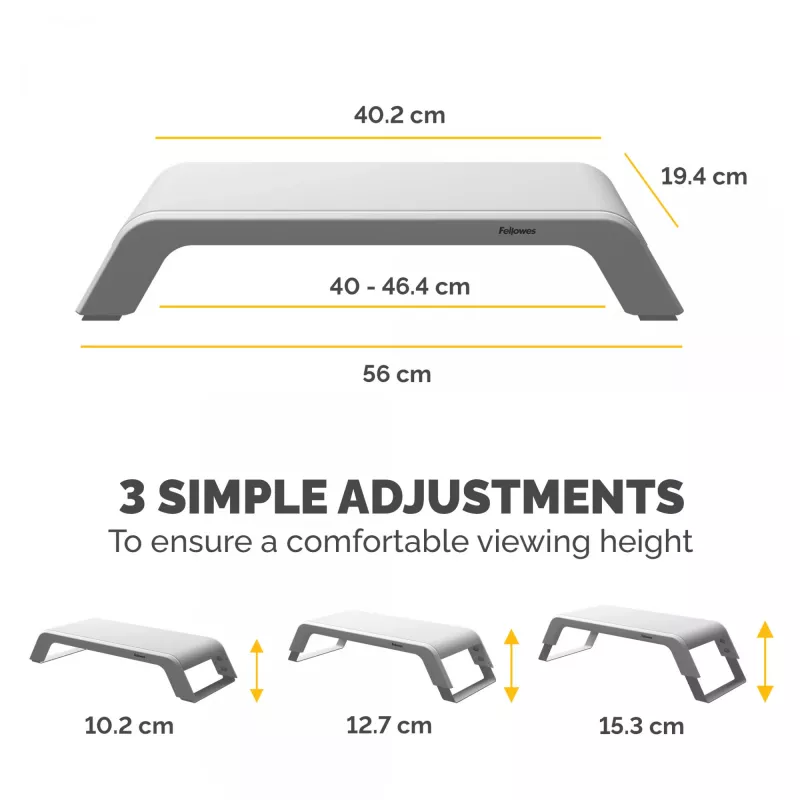 Suporte para monitor de computador Fellowes com 3 alturas ajustáveis - Elevador de monitor Hana LT - Suporte de monitor ajustável ergonómico para computador - Peso máximo 22,6 kg - branco