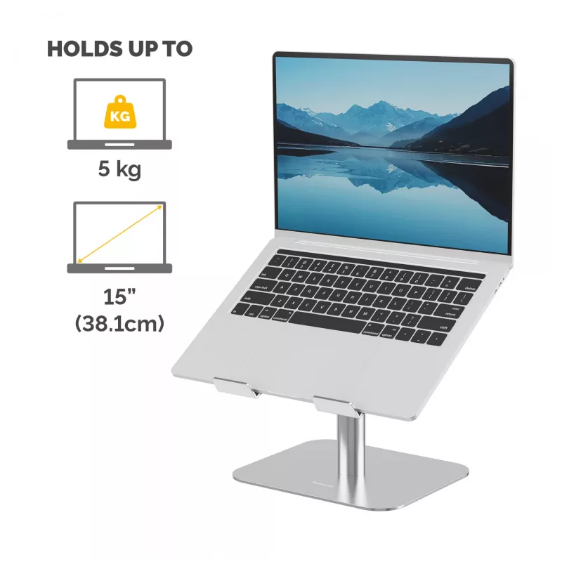 Suporte para portátil Fellowes Alumia – Suporte de secretária para portátil, tamanho máx. 15 polegadas, peso máx. 5 kg, prateado