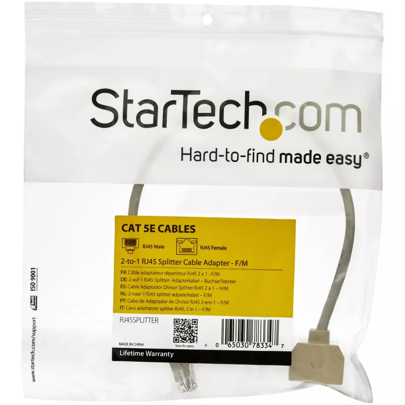 StarTech.com adaptador de cabo splitter RJ45 2-para-1 - F/M, 10/100Base-T(X), Cat5e, cinzento, policloreto de vinilo (PVC), 0,33 m, macho/fêmea