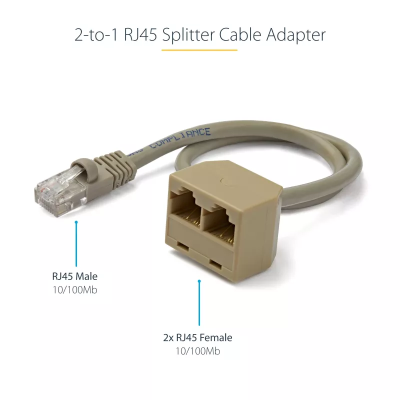 StarTech.com adaptador de cabo splitter RJ45 2-para-1 - F/M, 10/100Base-T(X), Cat5e, cinzento, policloreto de vinilo (PVC), 0,33 m, macho/fêmea