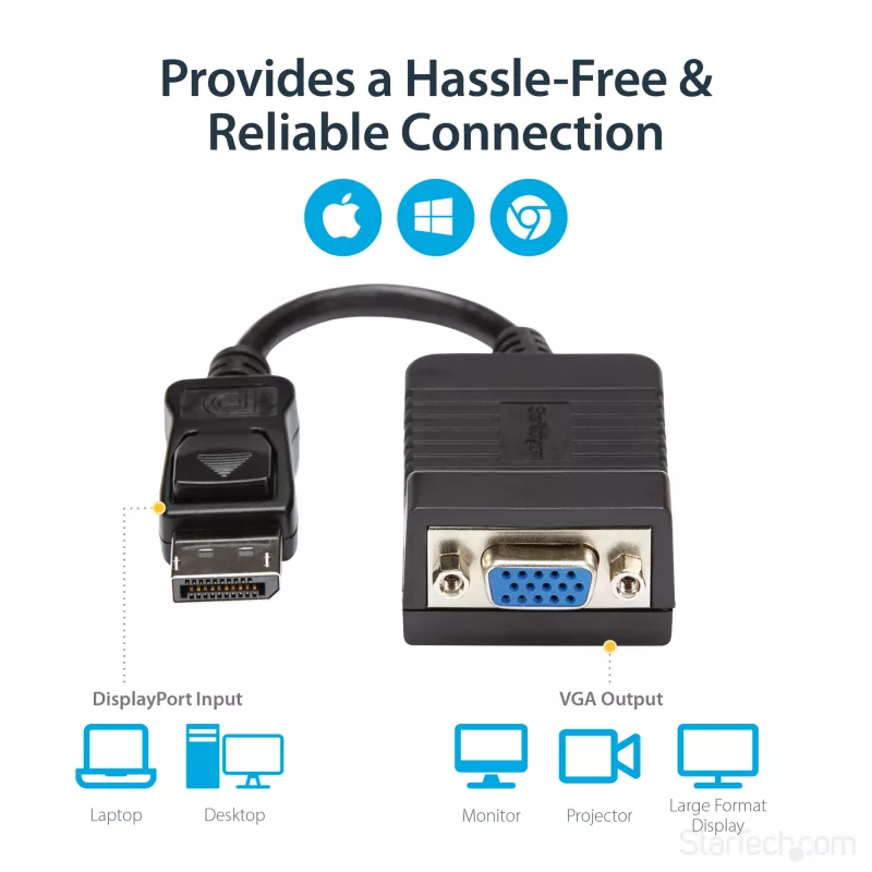 StarTech.com Adaptador DisplayPort para VGA – conversor ativo DP para VGA – vídeo 1080p – durável – adaptador de cabo DP/DP++ para monitor VGA – DP 1.2 para VGA – ficha DP com encaixe