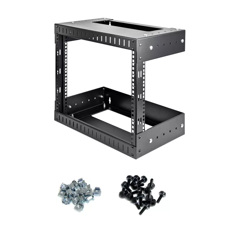 StarTech.com rack de rede de parede 8U 19 polegadas – profundidade ajustável 12–20 polegadas rack de sala de servidores open-frame de 2 postes para equipamento AV/dados/TI/comunicação/computador/comutador com porcas de gaiola e parafusos