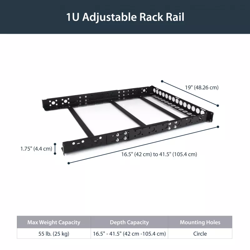 StarTech.com calhas universais para rack de servidor 1U, calhas de montagem com profundidade ajustável para servidor, calhas de montagem para rack de 19 polegadas