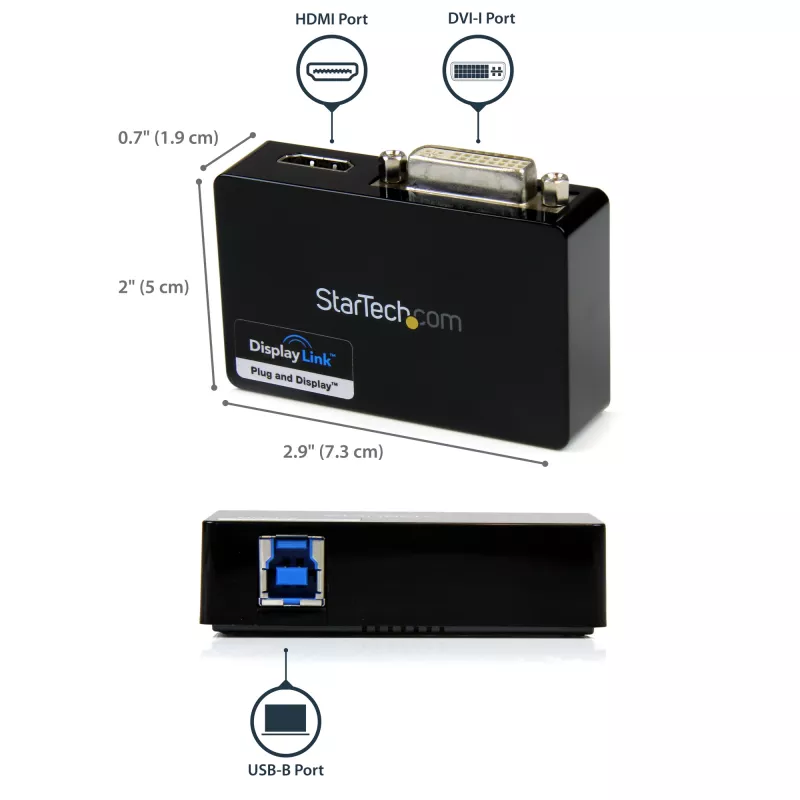 StarTech.com Adaptador USB 3.0 para HDMI / DVI - 2048 x 1152, 3.2 Gen 1 (3.1 Gen 1), USB Type-B, saída DVI, saída HDMI, 2048 x 1152 píxeis