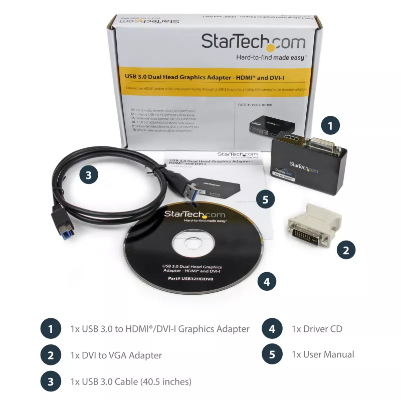 StarTech.com Adaptador USB 3.0 para HDMI / DVI - 2048 x 1152, 3.2 Gen 1 (3.1 Gen 1), USB Type-B, saída DVI, saída HDMI, 2048 x 1152 píxeis