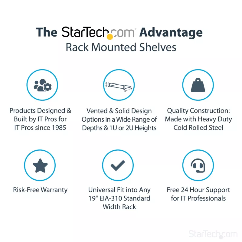 StarTech.com Prateleira de rack para servidor 2U – Prateleira de montagem em rack extensível universal para rack e armário de equipamento de rede de 19 polegadas – Aço de alta resistência – Capacidade de carga 22,6 kg – Bandeja de 22 polegadas de profundidade, preto