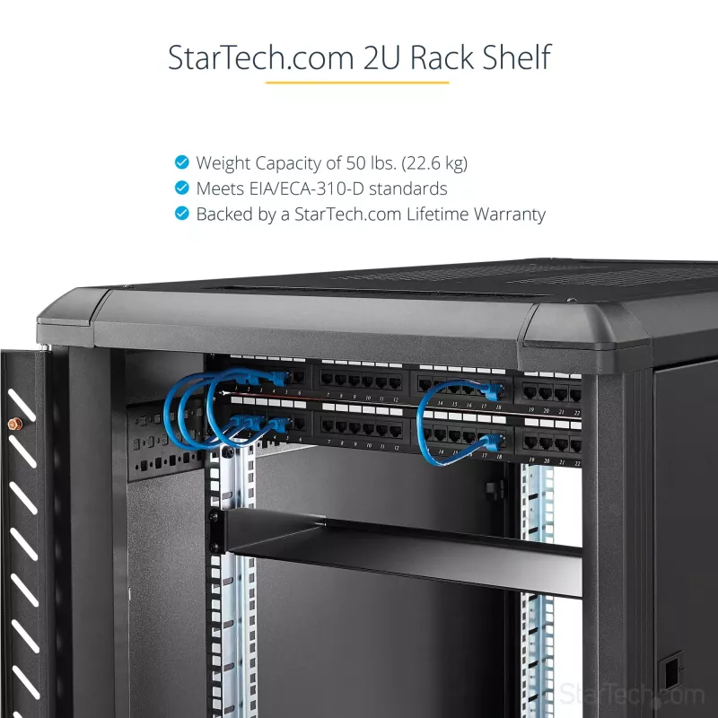 StarTech.com Prateleira de rack para servidor 2U – Prateleira de montagem em rack extensível universal para rack e armário de equipamento de rede de 19 polegadas – Aço de alta resistência – Capacidade de carga 22,6 kg – Bandeja de 22 polegadas de profundidade, preto