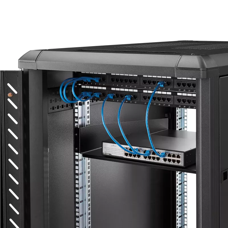 StarTech.com Prateleira de rack para servidor 2U – Prateleira de montagem em rack extensível universal para rack e armário de equipamento de rede de 19 polegadas – Aço de alta resistência – Capacidade de carga 22,6 kg – Bandeja de 22 polegadas de profundidade, preto