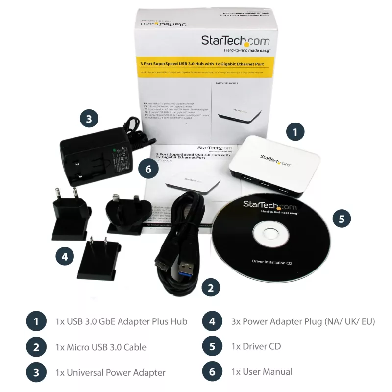 StarTech.com Adaptador de rede USB 3.0 para Gigabit Ethernet NIC com hub de 3 portas – branco