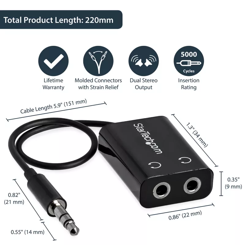 StarTech.com Adaptador de cabo divisor de auscultadores mini jack fino preto – ficha de 3,5 mm para 2x conector fêmea de 3,5 mm